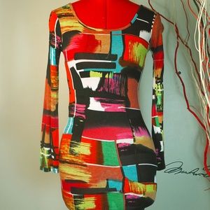 Multi Color Mosaic Pattern Long Sleeve Mini Dress